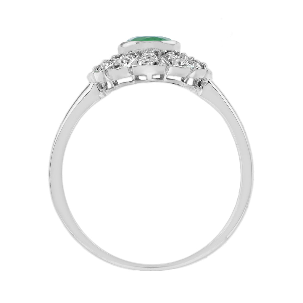 Oval Emerald & Diamond Marquise Shape Edwardian Style 14K White Gold Ring