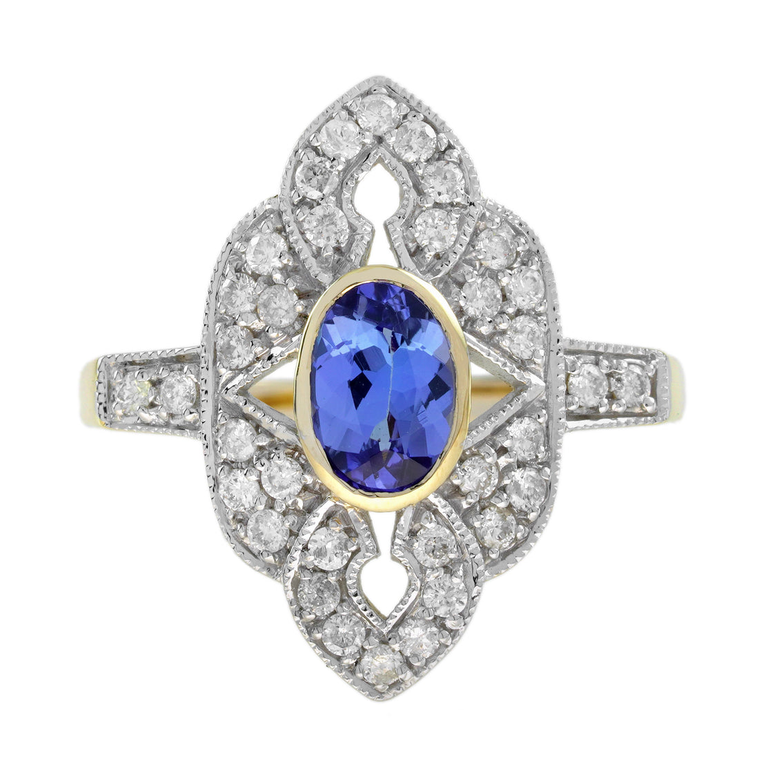 Blue Violet Tanzanite &amp; Diamonds Halo Art Deco Style Statement Gold Ring