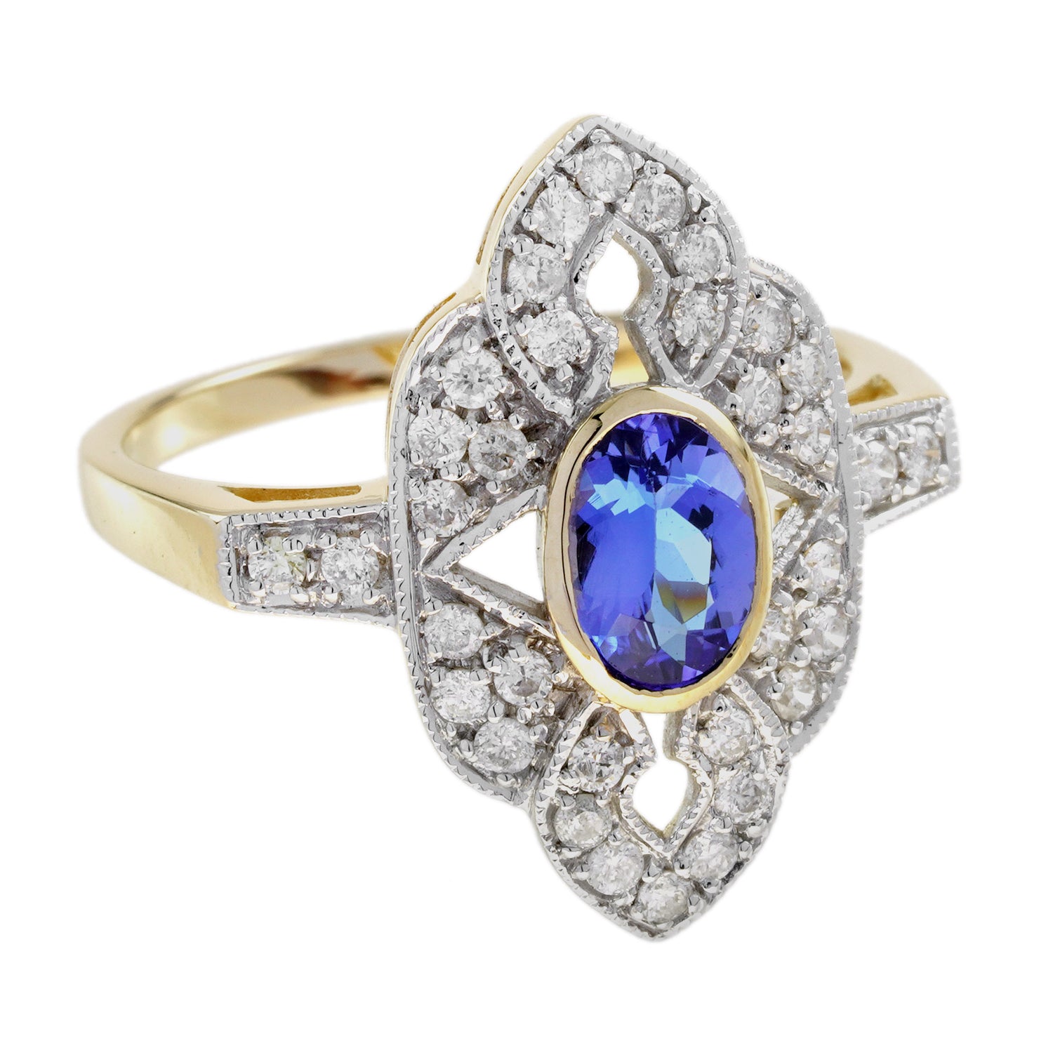 Blue Violet Tanzanite &amp; Diamonds Halo Art Deco Style Statement Gold Ring