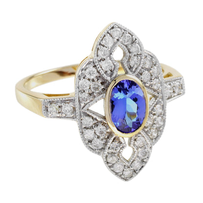 Blue Violet Tanzanite &amp; Diamonds Halo Art Deco Style Statement Gold Ring