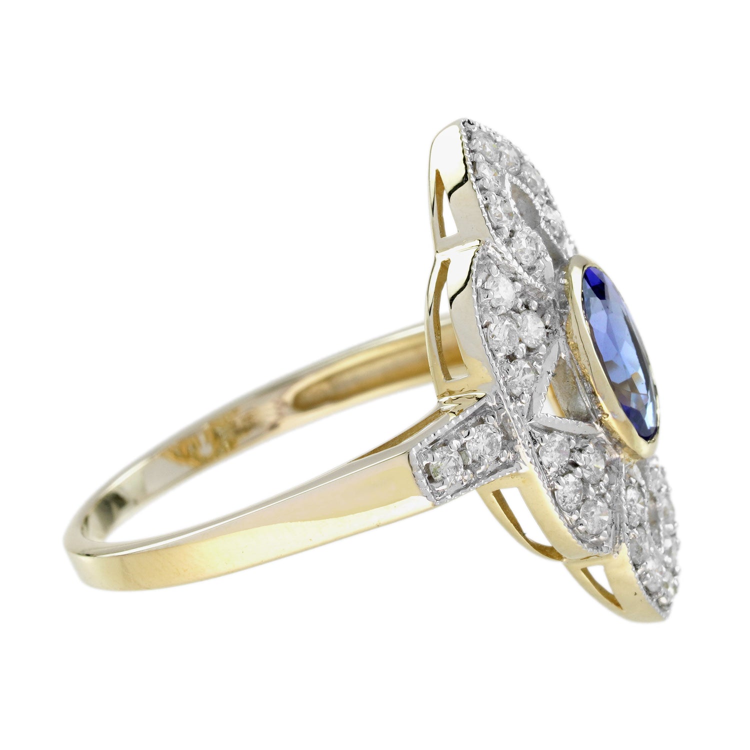 Blue Violet Tanzanite &amp; Diamonds Halo Art Deco Style Statement Gold Ring