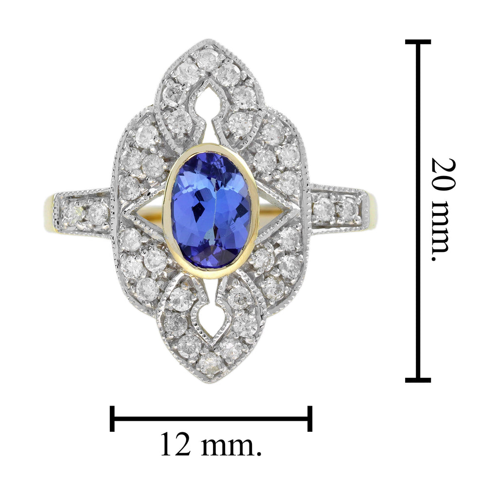 Blue Violet Tanzanite & Diamonds Halo Art Deco Style Statement Gold Ring