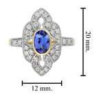 Blue Violet Tanzanite & Diamonds Halo Art Deco Style Statement Gold Ring