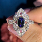 Blue Violet Tanzanite & Diamonds Halo Art Deco Style Statement Gold Ring