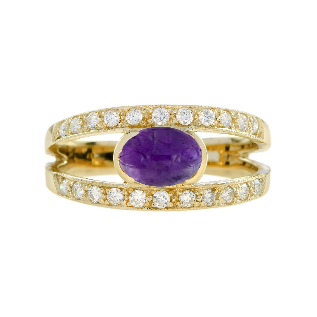 Oval Cabochon Purple Violet Amethyst & Diamond Vintage Style Gold Ring