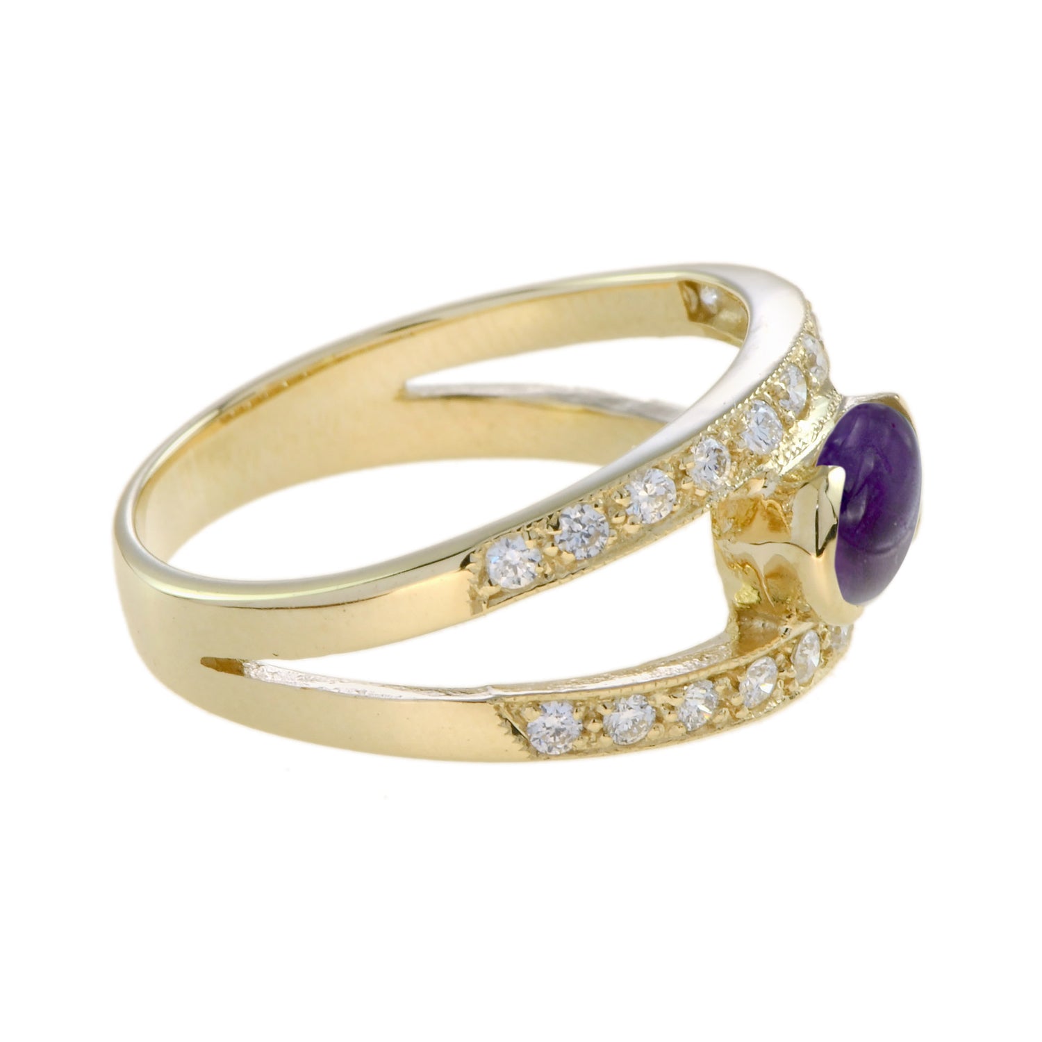Oval Cabochon Purple Violet Amethyst &amp; Diamond Vintage Style Gold Ring