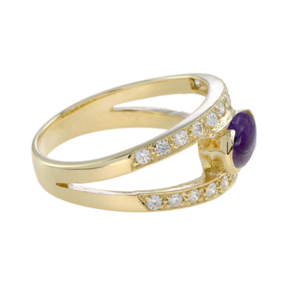 Oval Cabochon Purple Violet Amethyst & Diamond Vintage Style Gold Ring