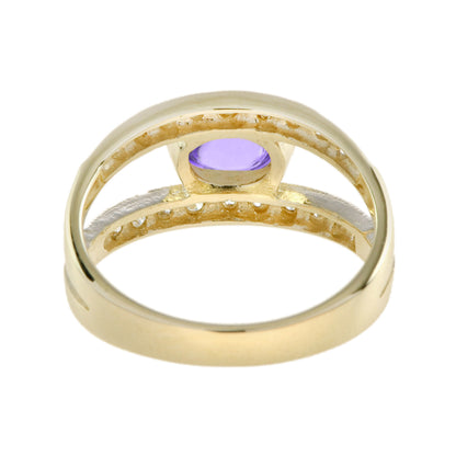 Oval Cabochon Purple Violet Amethyst & Diamond Vintage Style Gold Ring