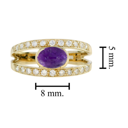 Oval Cabochon Purple Violet Amethyst & Diamond Vintage Style Gold Ring