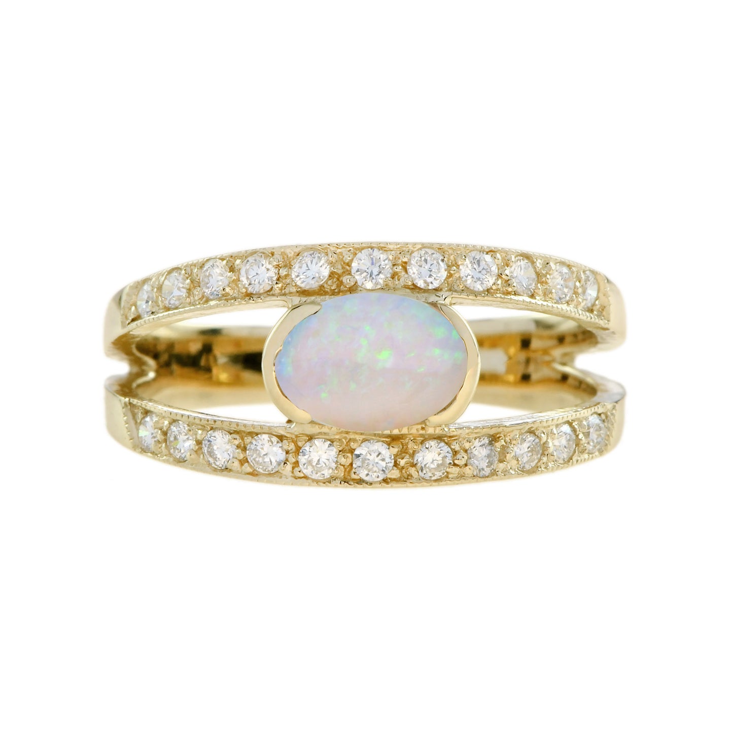 white oval shape opal & diamond vintage style 9k yellow gold ring