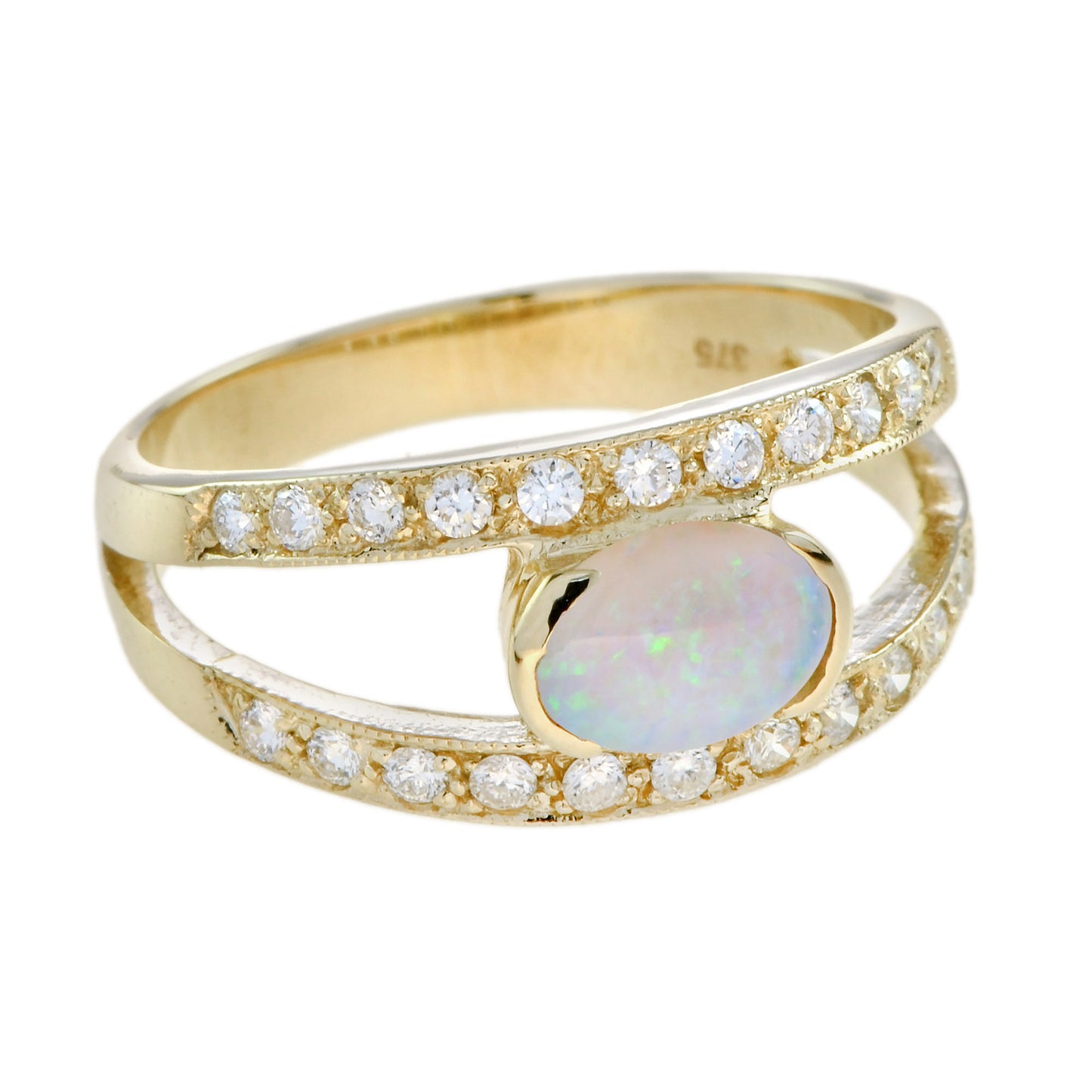 white oval shape opal & diamond vintage style 9k yellow gold ring