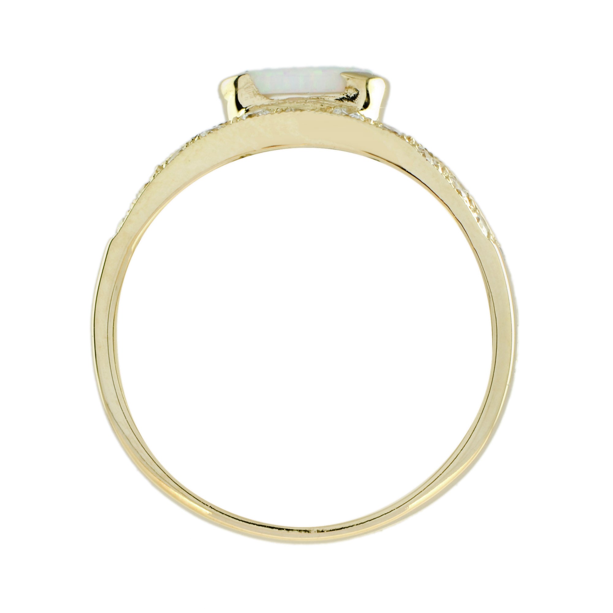 White Oval Shape Opal &amp; Diamond Vintage Style 9K Yellow Gold Ring