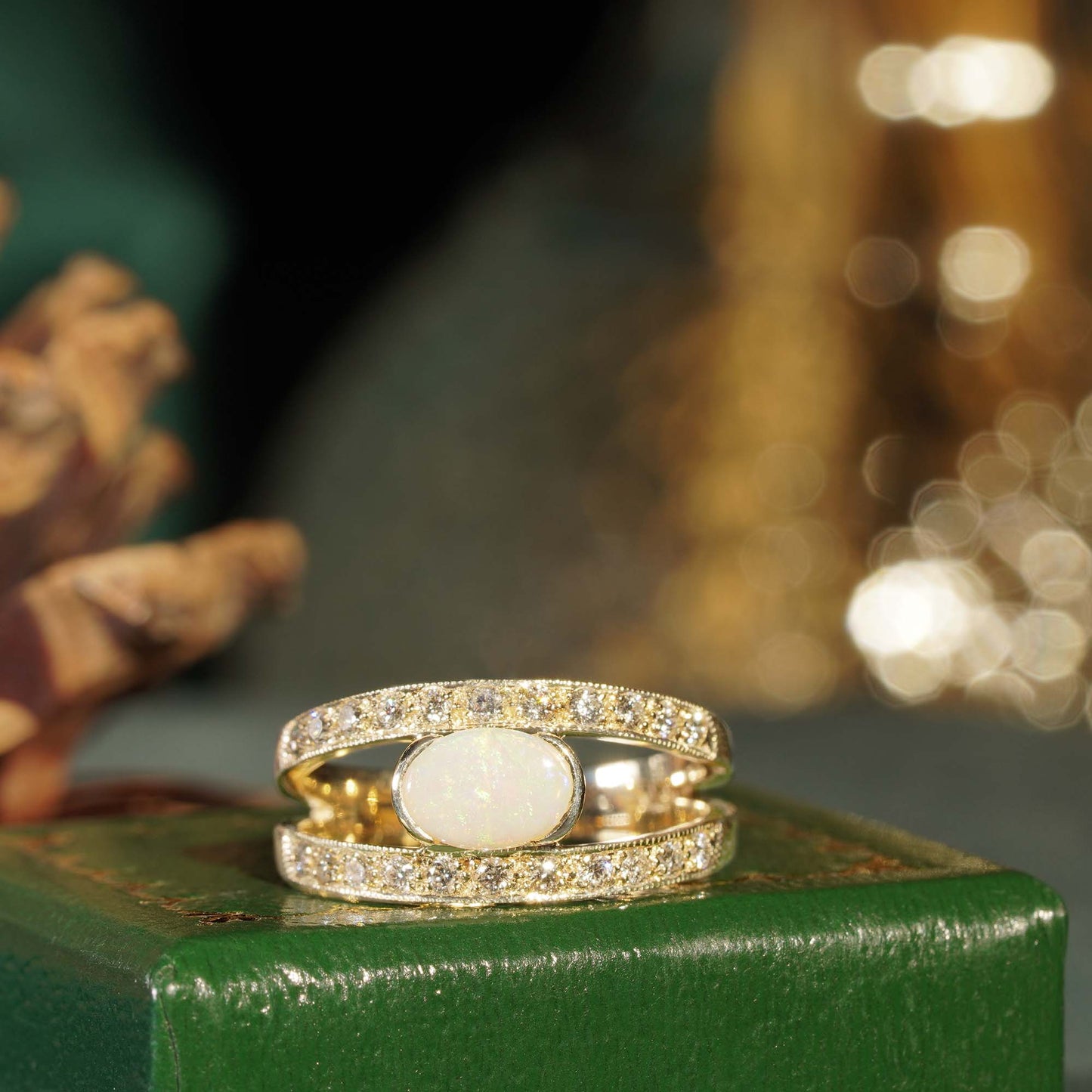white oval shape opal & diamond vintage style 9k yellow gold ring