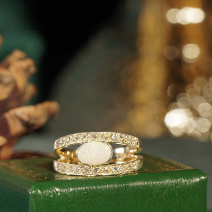 White Oval Shape Opal & Diamond Vintage Style 9K Yellow Gold Ring