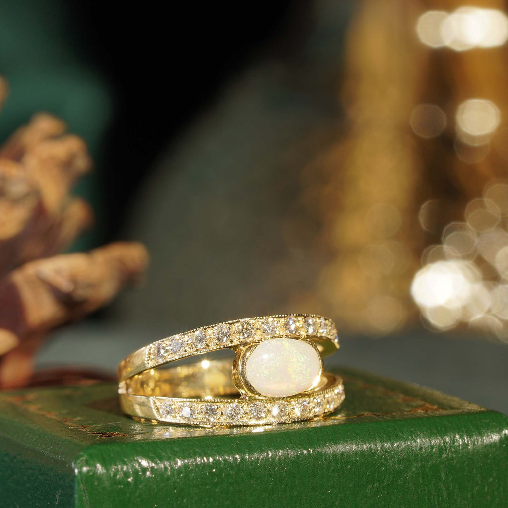 White Oval Shape Opal & Diamond Vintage Style 9K Yellow Gold Ring