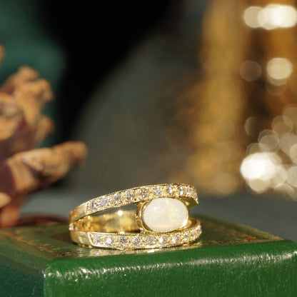 White Oval Shape Opal & Diamond Vintage Style 9K Yellow Gold Ring