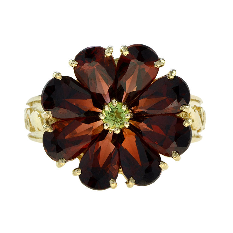 Vintage Style Peridot & Red Garnet Cocktail Floral 14K Yellow Gold Ring