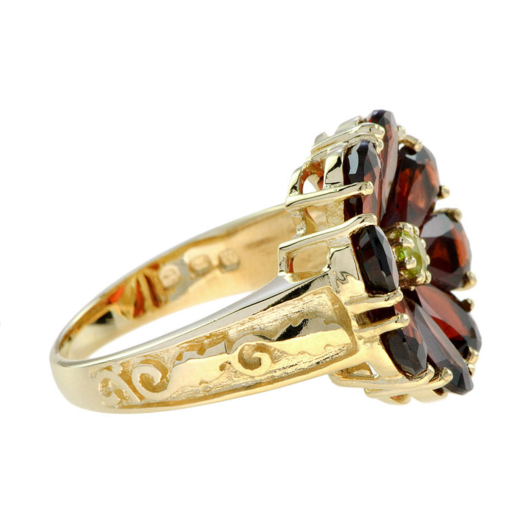 Vintage Style Peridot &amp; Red Garnet Cocktail Floral 14K Yellow Gold Ring