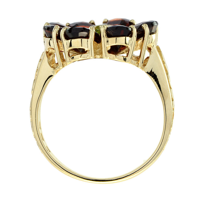 Vintage Style Peridot & Red Garnet Cocktail Floral 14K Yellow Gold Ring