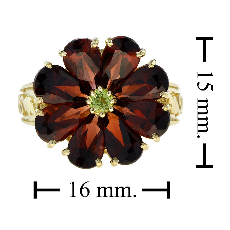 Vintage Style Peridot & Red Garnet Cocktail Floral 14K Yellow Gold Ring