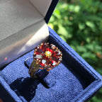 Vintage Style Peridot & Red Garnet Cocktail Floral 14K Yellow Gold Ring