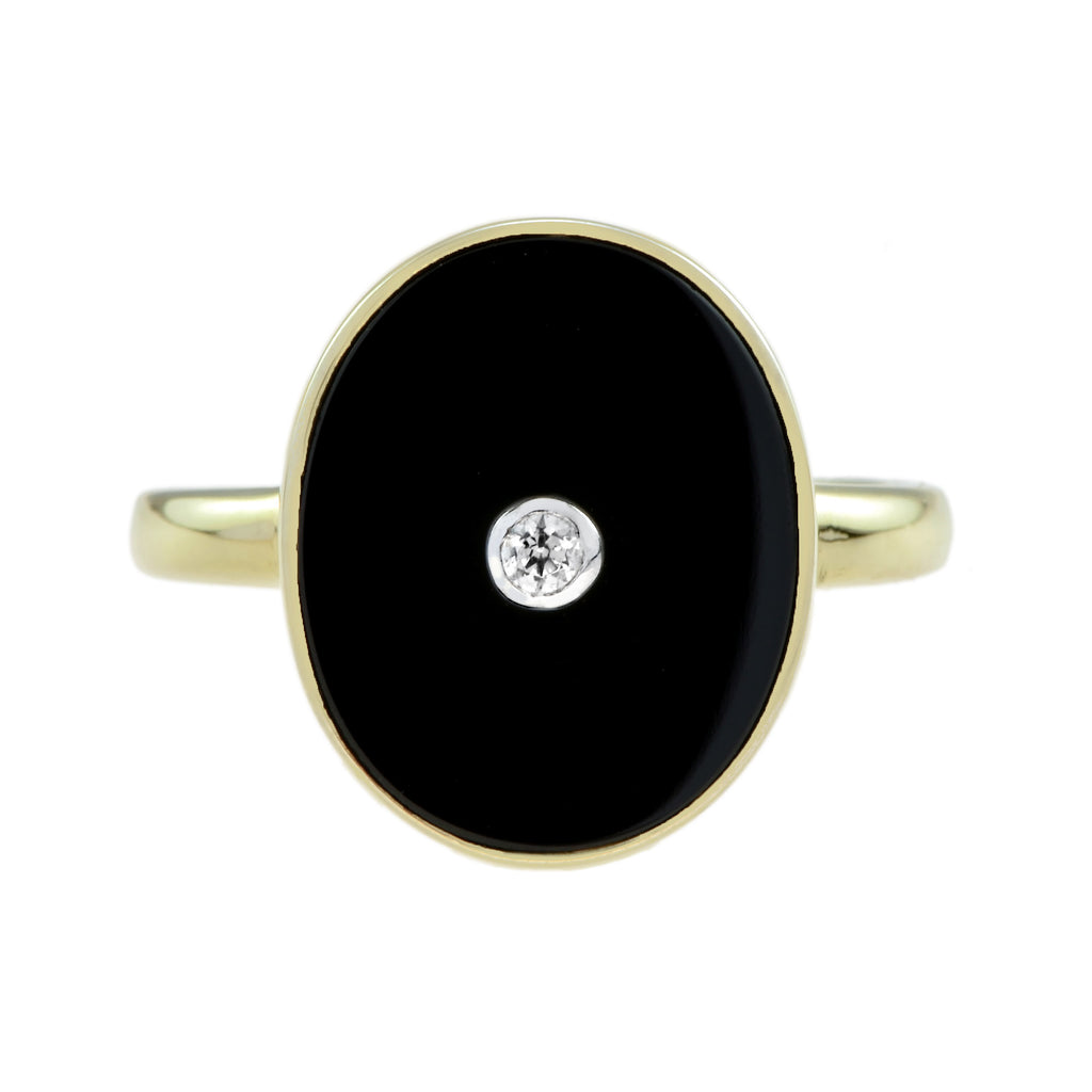 Diamond Black Onyx Art Deco Style Oval Shape 14K White Gold Ring