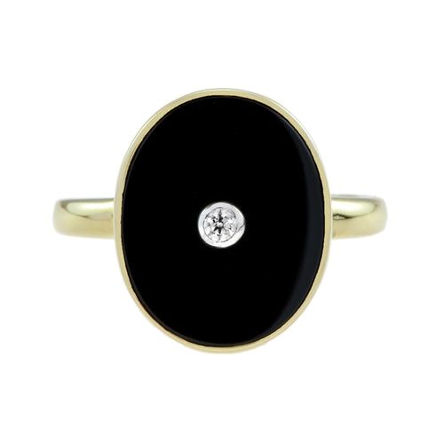 Diamond Black Onyx Art Deco Style Oval Shape 14K White Gold Ring