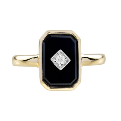 Diamond &amp; Octagon Black Onyx Art Deco Style Yellow Gold Ring