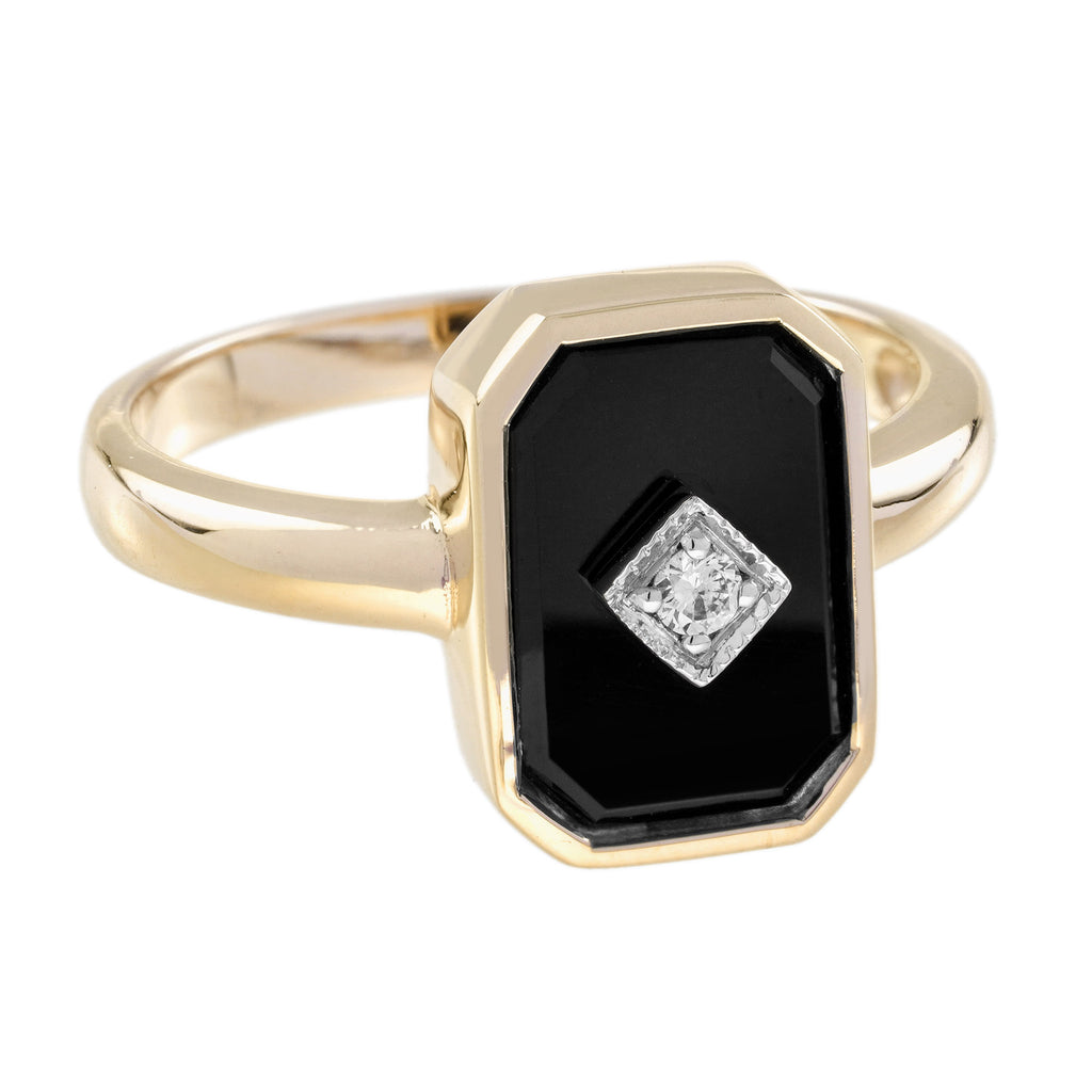 Diamond & Octagon Black Onyx Art Deco Style Yellow Gold Ring