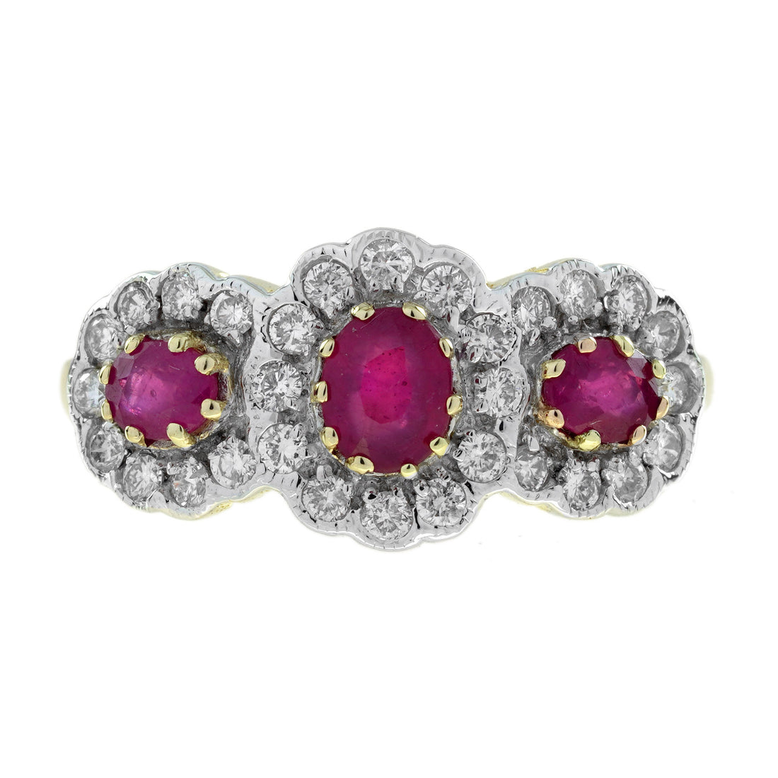 Ruby &amp; Diamond Halo Set Vintage Inspired Style Three Stone Two Tone Gold Ring