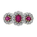 Ruby & Diamond Halo Set Vintage Inspired Style Three Stone Two Tone Gold Ring