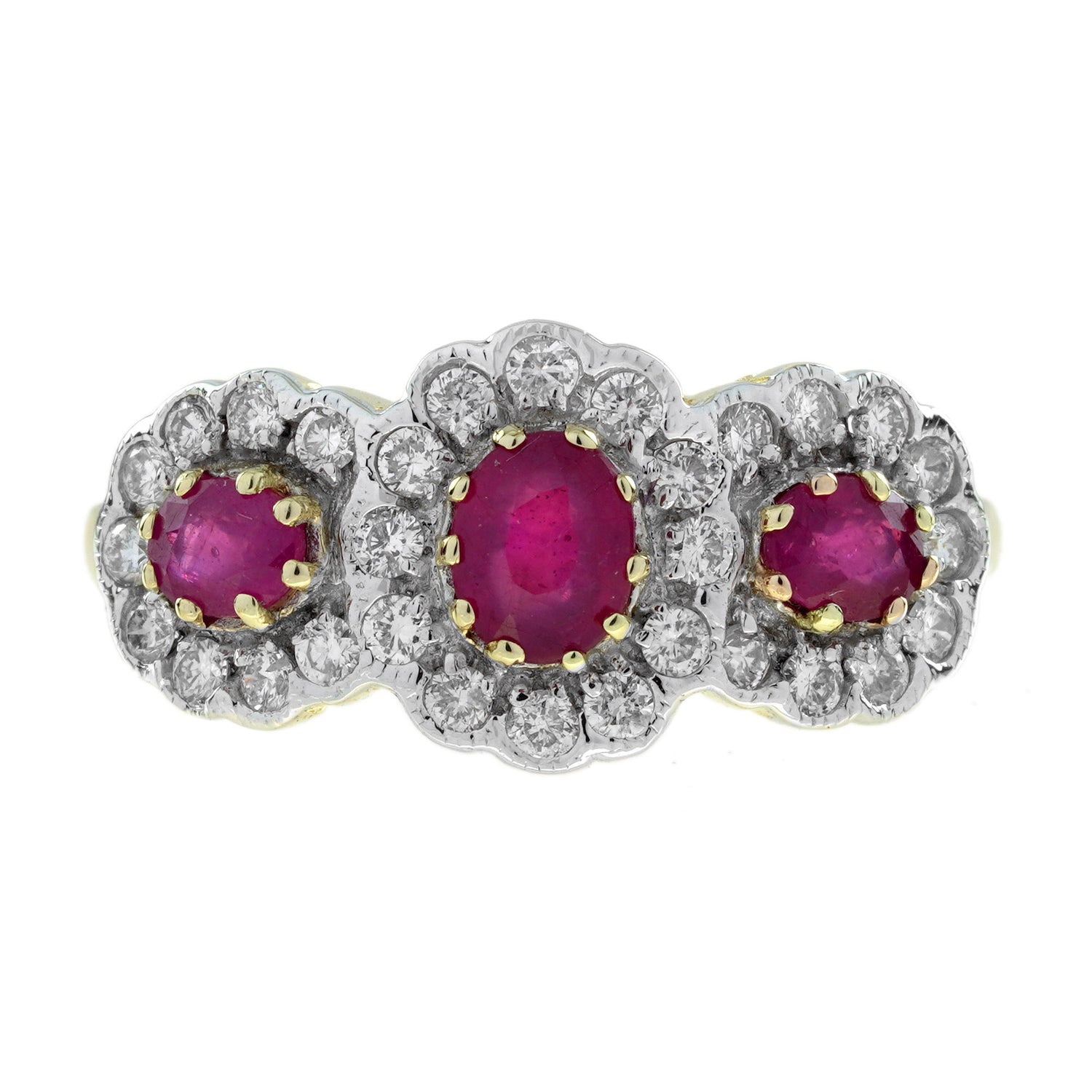 Ruby &amp; Diamond Halo Set Vintage Inspired Style Three Stone Two Tone Gold Ring