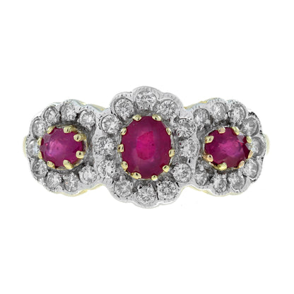 Ruby & Diamond Halo Set Vintage Inspired Style Three Stone Two Tone Gold Ring