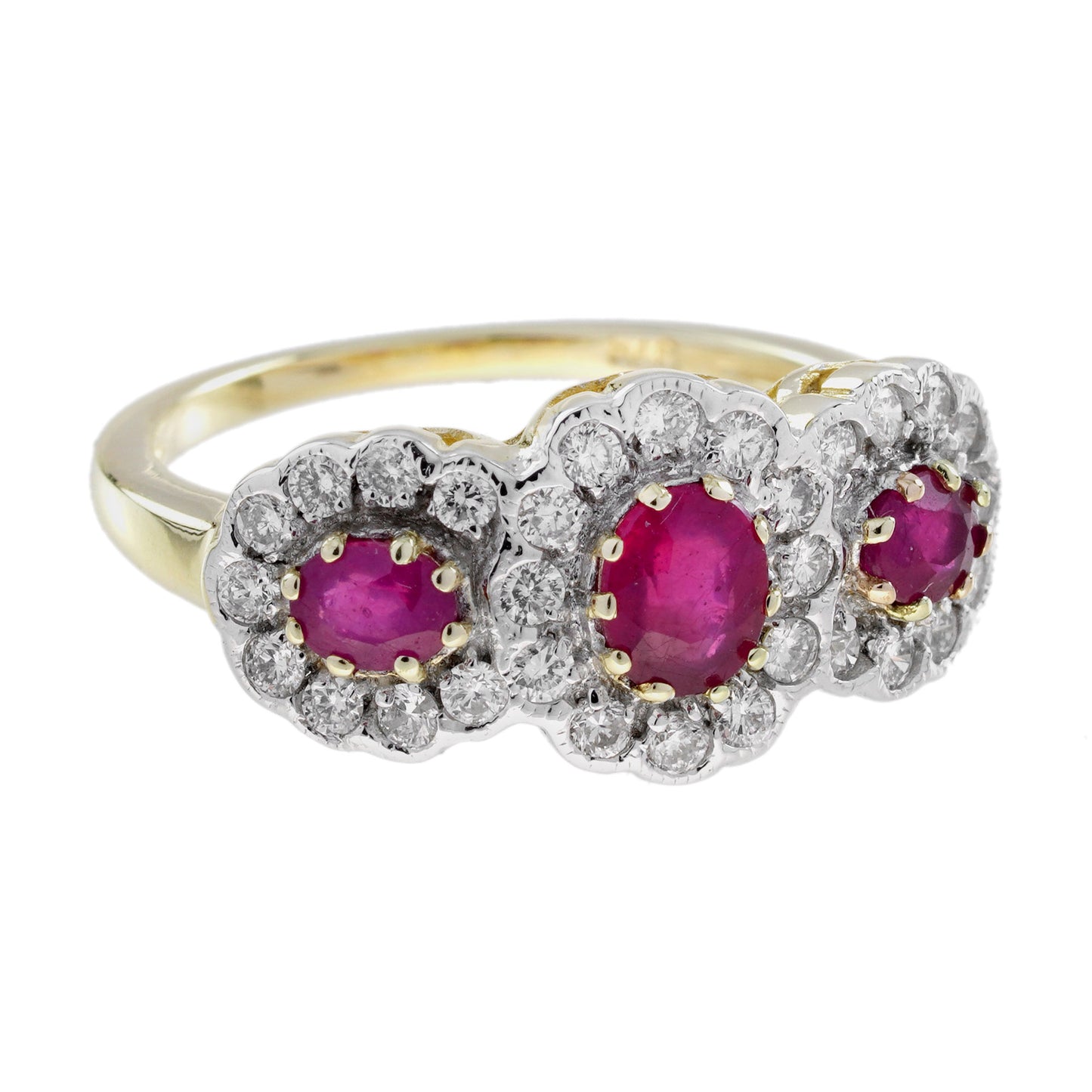 ruby & diamond halo set vintage inspired style three stone two tone gold ring