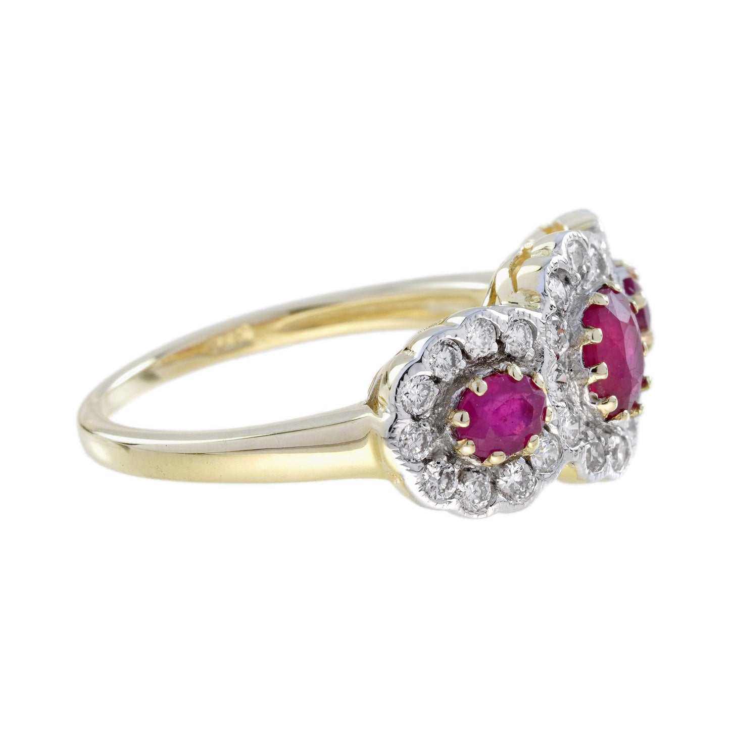 ruby & diamond halo set vintage inspired style three stone two tone gold ring