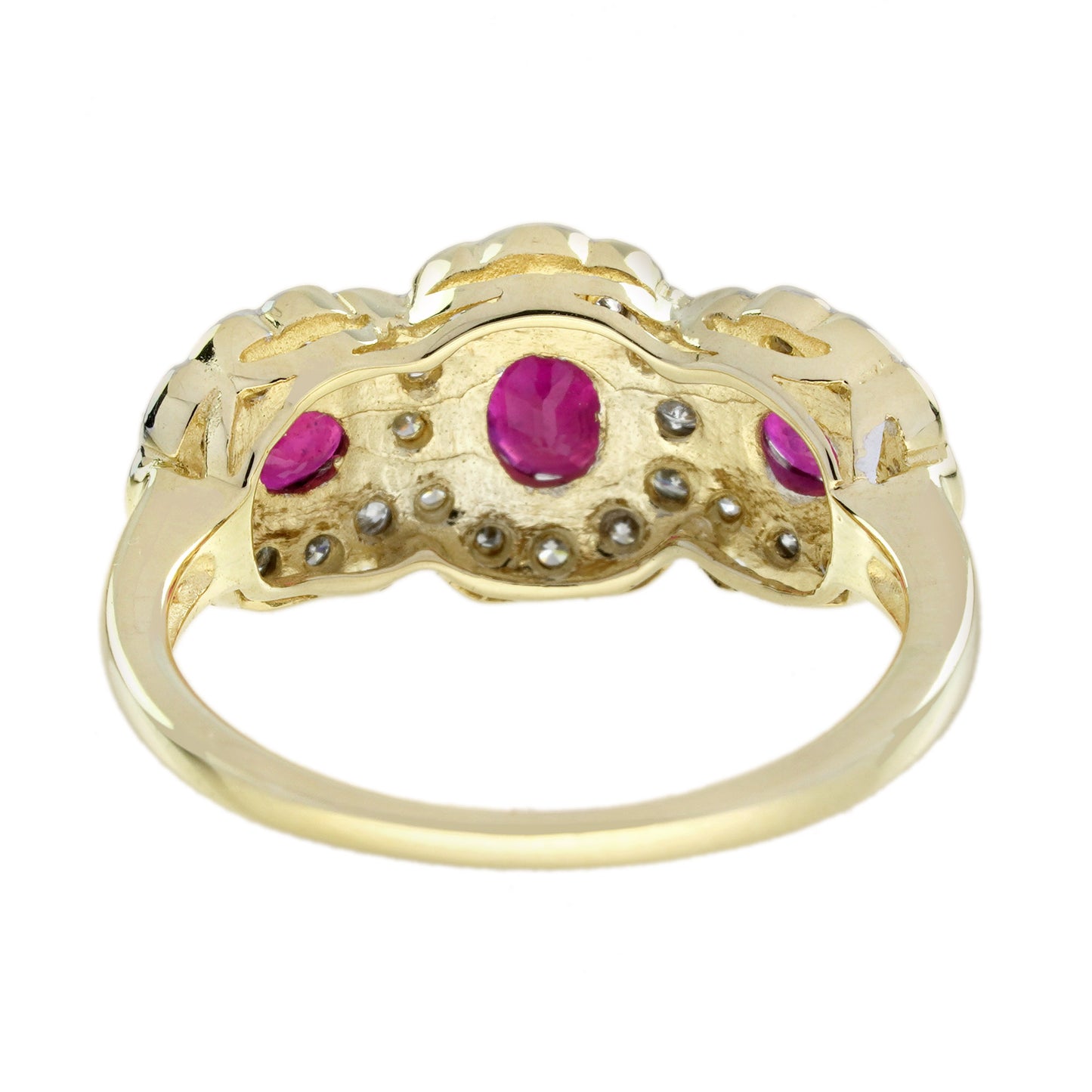 ruby & diamond halo set vintage inspired style three stone two tone gold ring