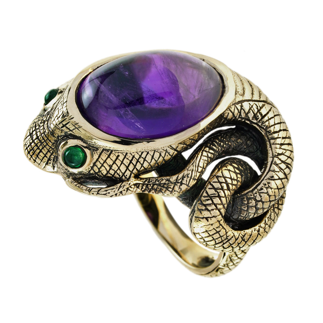 Cabochon Purple Amethyst Emerald Vintage Inspired Antique Style Snake Gold Ring
