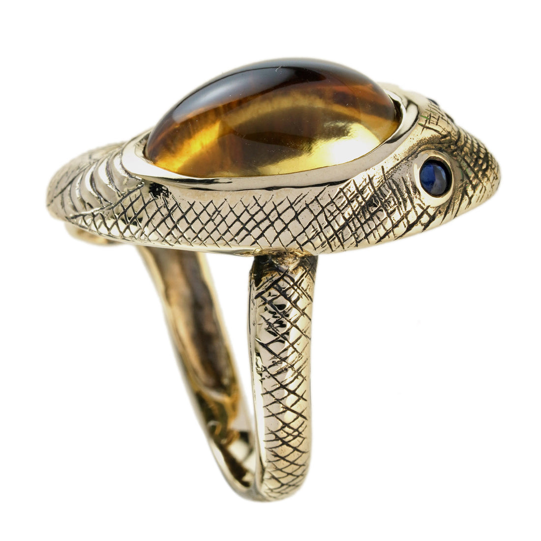 Cabochon Brown Amber Citrine &amp; Blue Sapphire Antique Style Snake Gold Ring