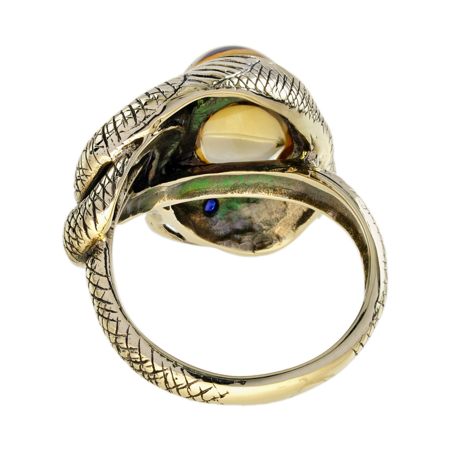 Cabochon Brown Amber Citrine &amp; Blue Sapphire Antique Style Snake Gold Ring