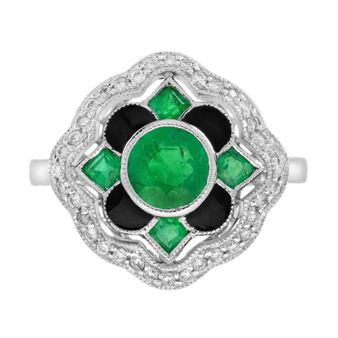 Emerald &amp; Diamond Enamel Vintage Inspired Antique Style Floral Halo Gold Ring