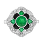 Emerald & Diamond Enamel Vintage Inspired Antique Style Floral Halo Gold Ring