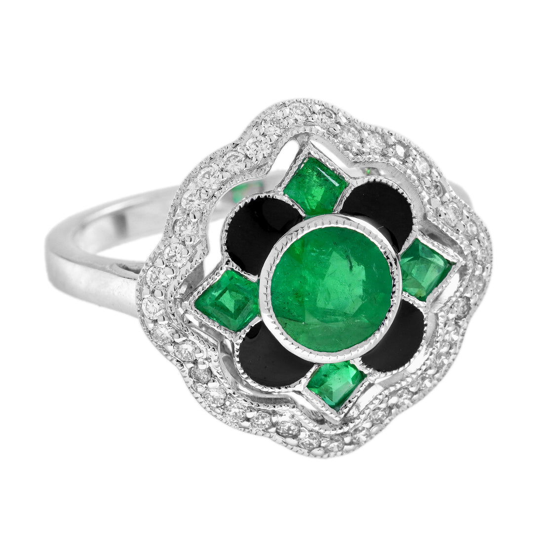 Emerald &amp; Diamond Enamel Vintage Inspired Antique Style Floral Halo Gold Ring