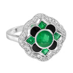 Emerald & Diamond Enamel Vintage Inspired Antique Style Floral Halo Gold Ring
