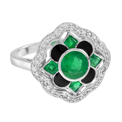 Emerald & Diamond Enamel Vintage Inspired Antique Style Floral Halo Gold Ring