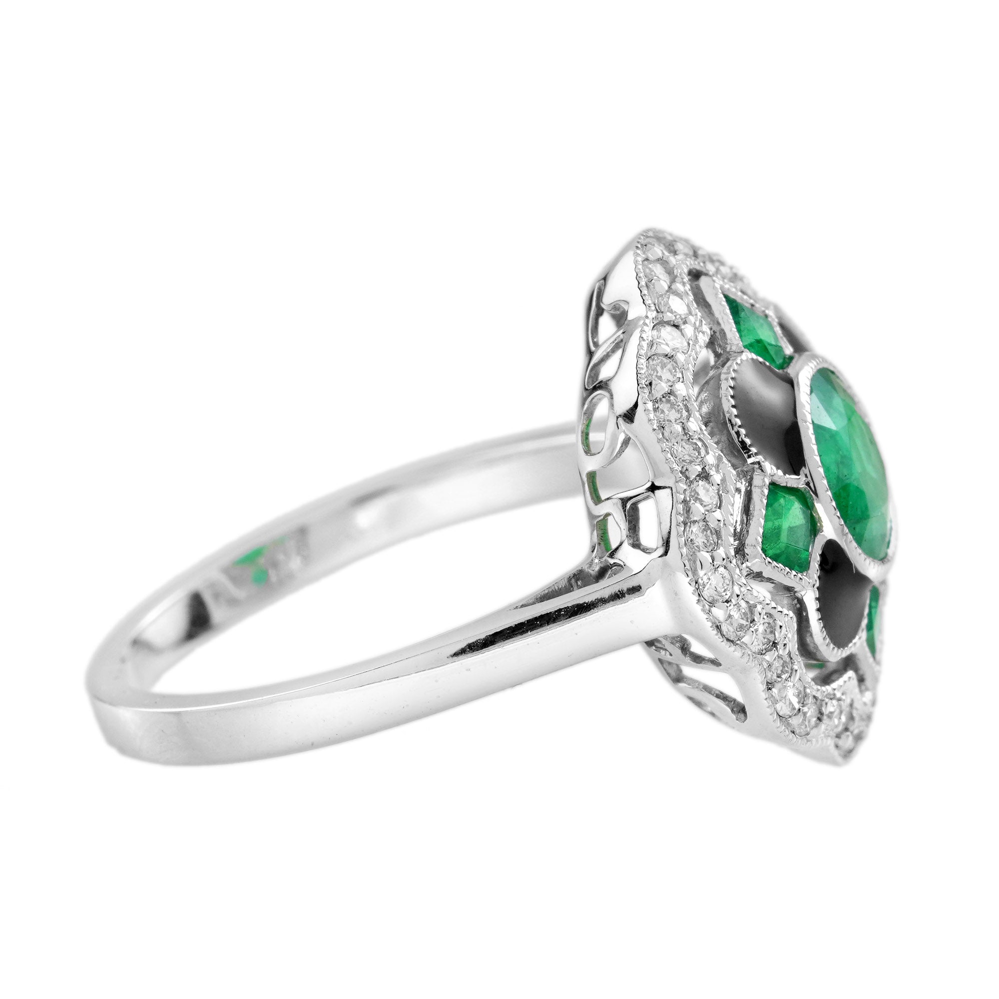 Emerald & Diamond Enamel Vintage Inspired Antique Style Floral Halo Gold Ring