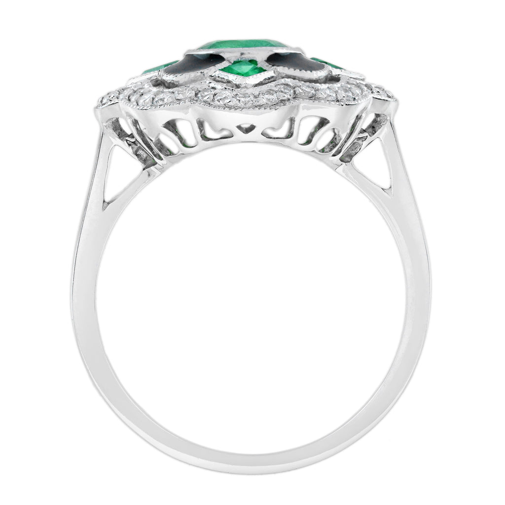 Emerald & Diamond Enamel Vintage Inspired Antique Style Floral Halo Gold Ring