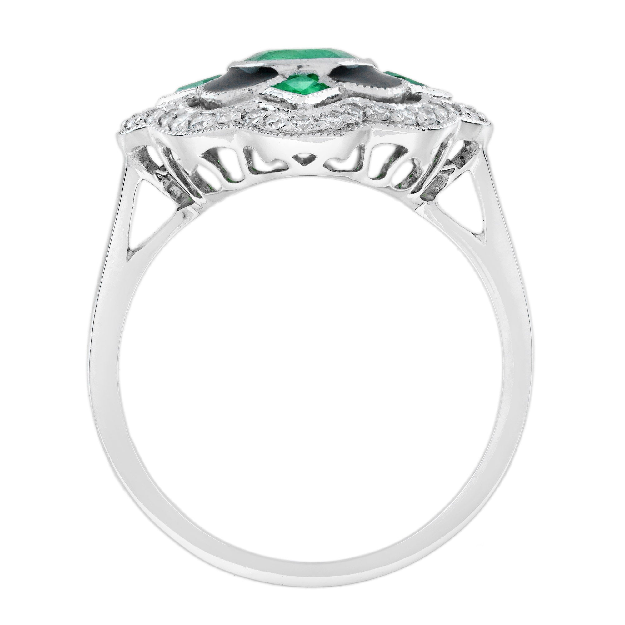 Emerald & Diamond Enamel Vintage Inspired Antique Style Floral Halo Gold Ring