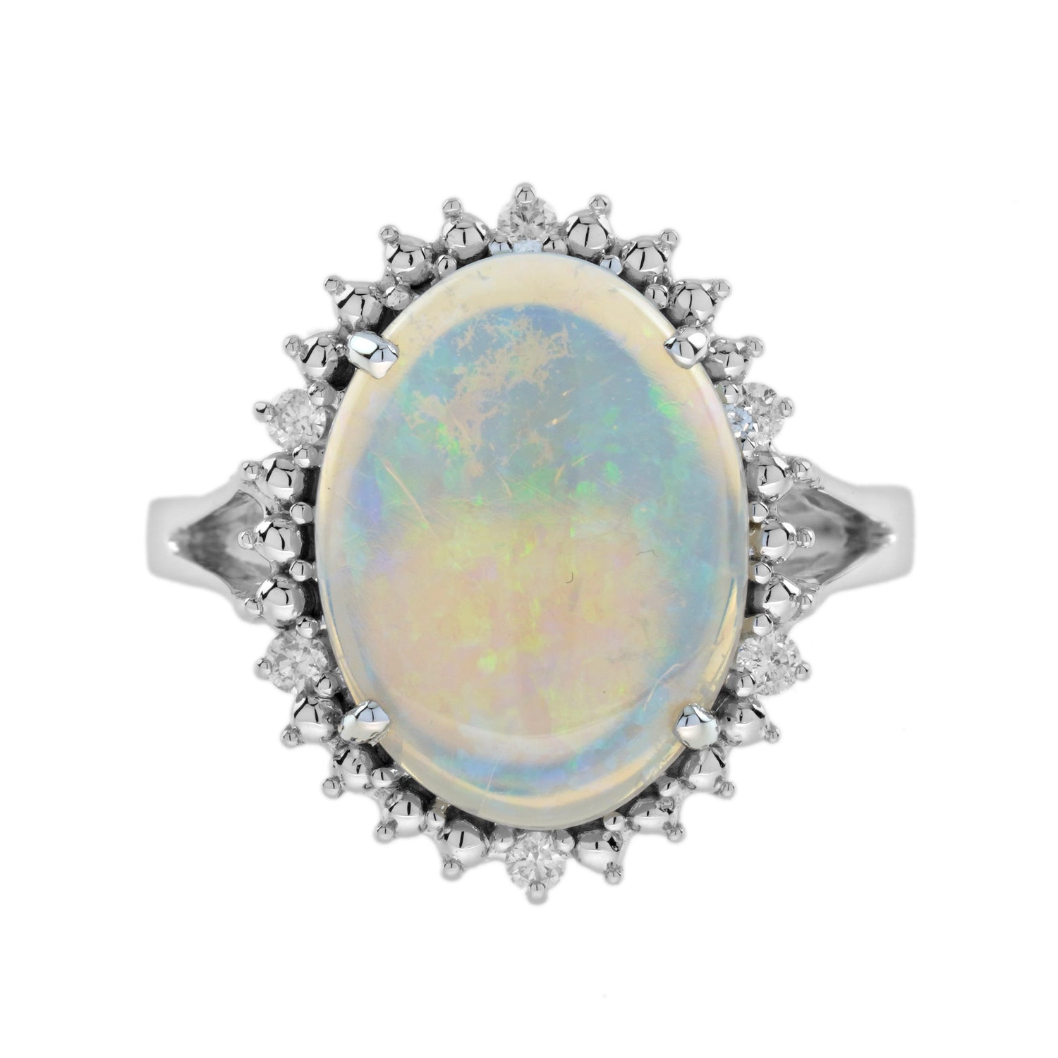 Oval Shape White Opal &amp; Diamond Vintage Style Cocktail 9K White Gold Ring