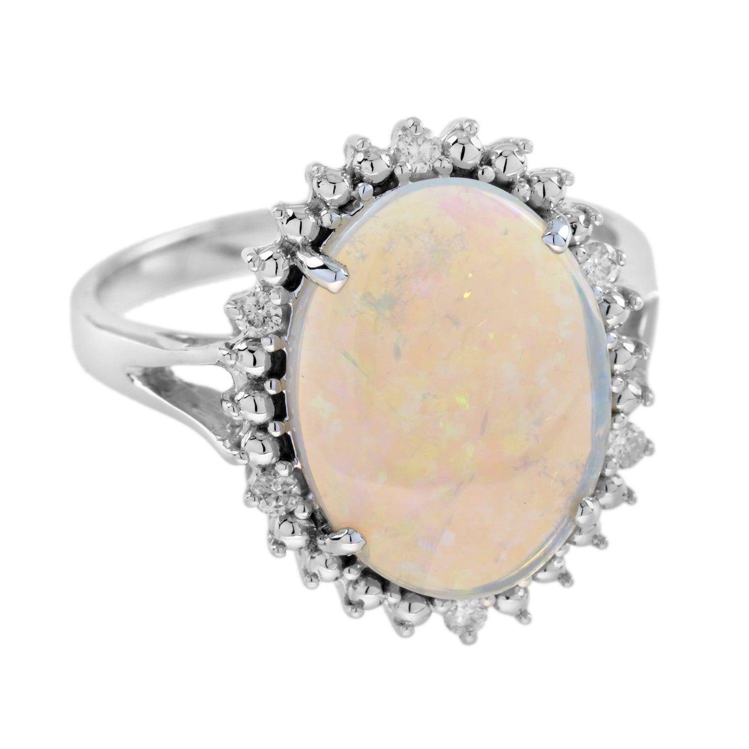 Oval Shape White Opal &amp; Diamond Vintage Style Cocktail 9K White Gold Ring