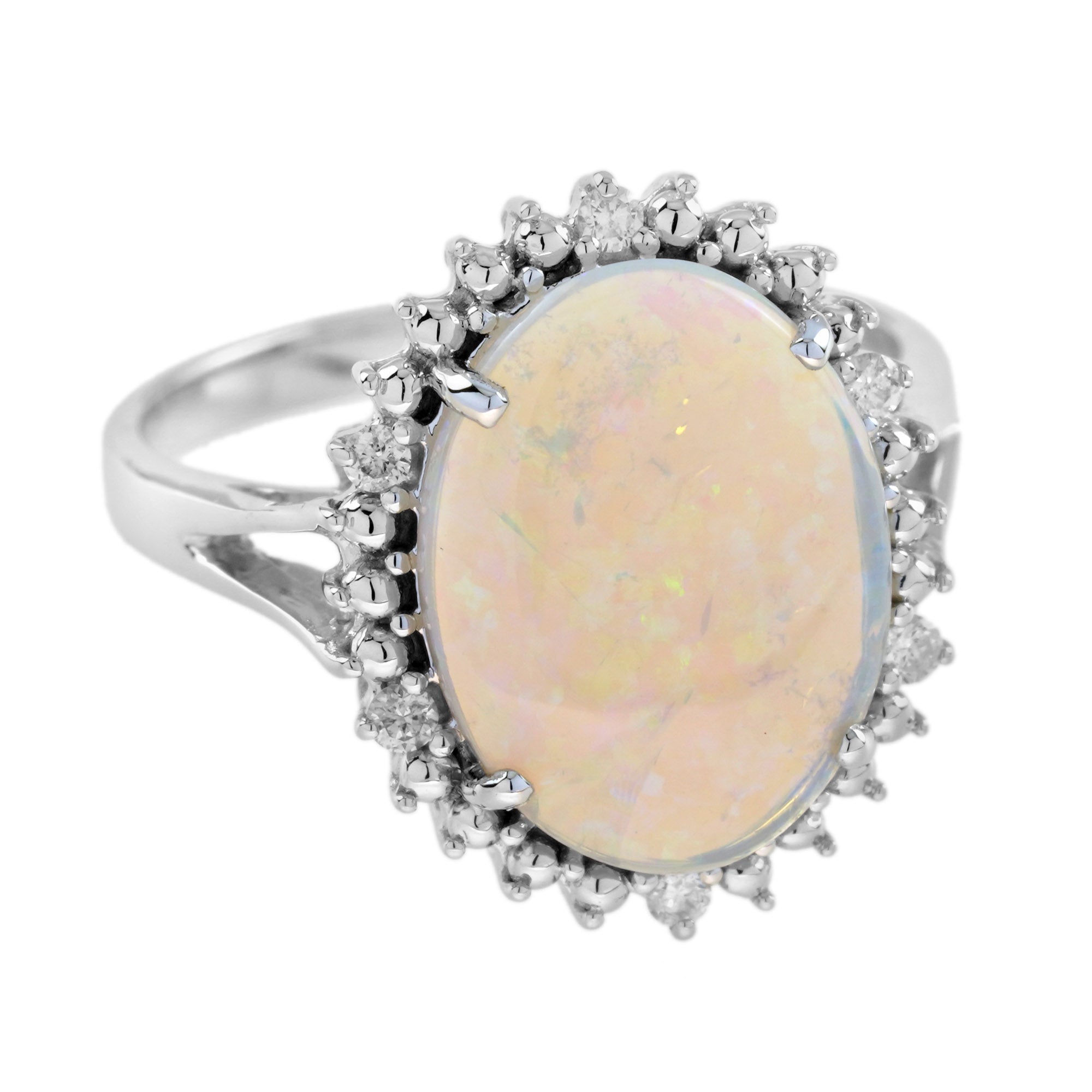 Oval Shape White Opal &amp; Diamond Vintage Style Cocktail 9K White Gold Ring
